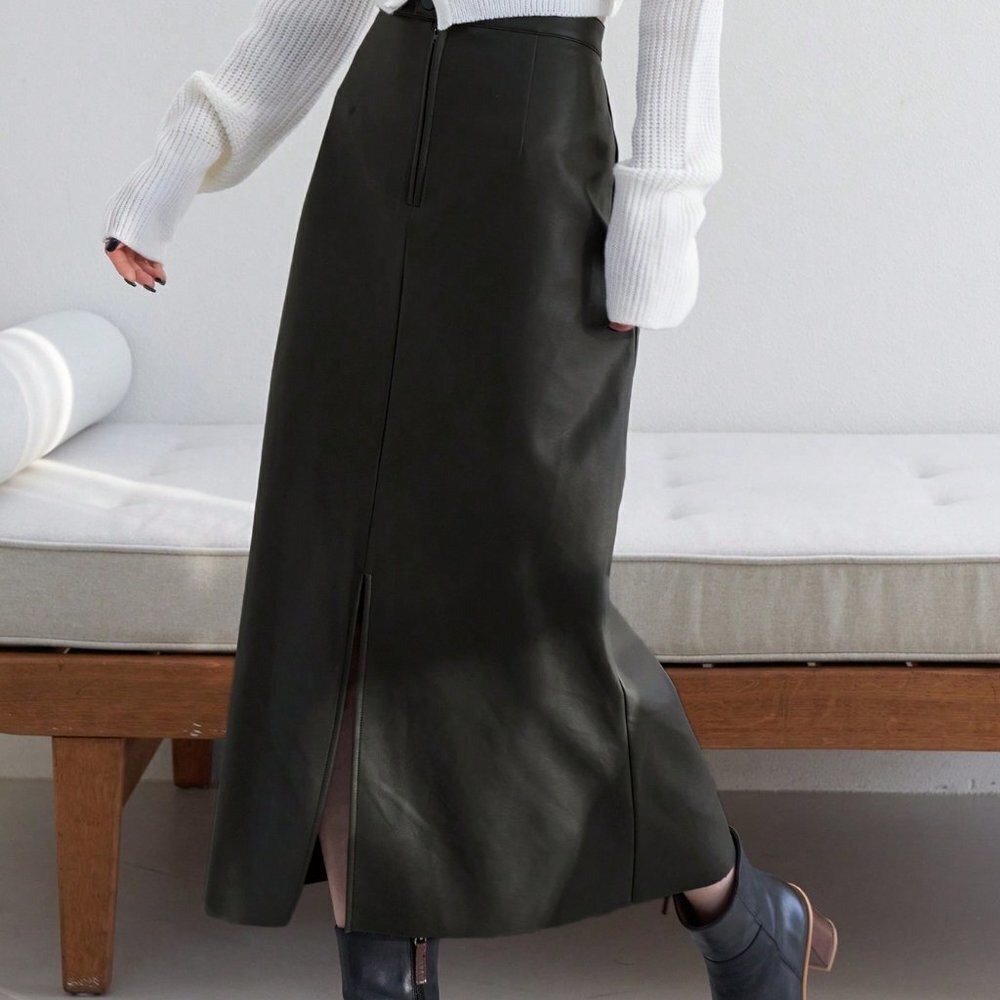 High Waist Split Hem PU Skirt